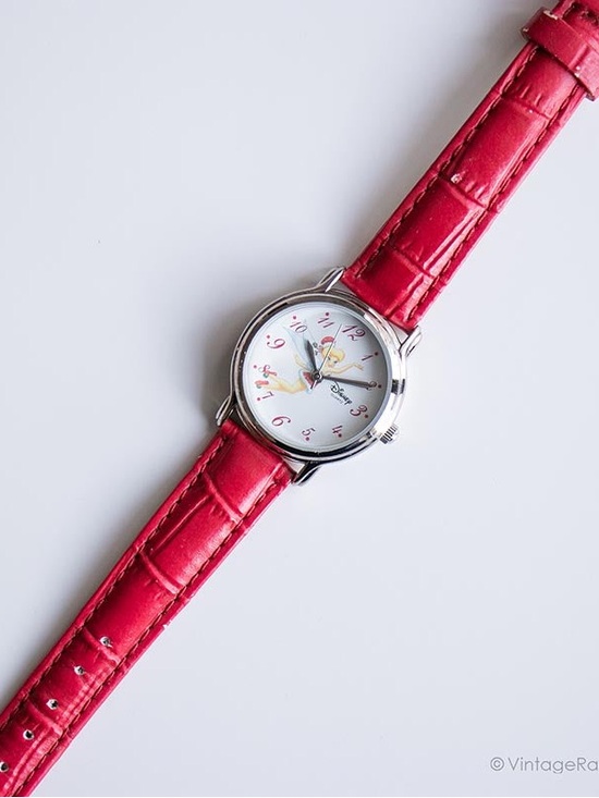 VTG Disney Time Works Tinker bell Silver Watch Red Leather NIB Holiday Edition